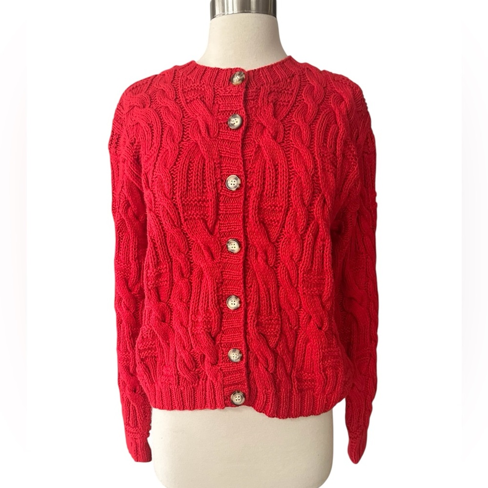 Rosanna Red Handmade Hand Knit Chunky Cable Knit Fisherman Cardigan Sweater